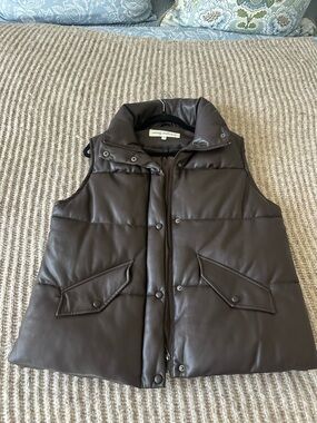 Women’s Brown Puffer Vest - Leather-Look Sleeveless Jacket